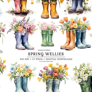 Könnte beinhalten: Aquarell-Illustration von 27 Frühlingsgummistiefeln, gefüllt mit bunten Blumen. Die Gummistiefel sind in verschiedenen Farben, darunter Grün, Blau, Gelb, Pink und Orange. Die Blumen umfassen Tulpen, Narzissen und andere Frühlingsblüten. Der Text "watercolor SPRING WELLIES 300 DPI - 27 PNGS - DIGITAL DOWNLOAD CLIPART CREATIONS" befindet sich am unteren Rand des Bildes.