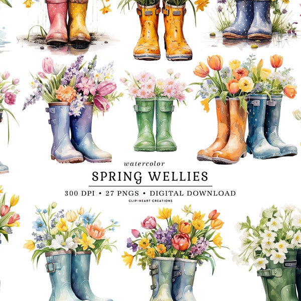 Spring Rainboots Watercolor Clipart Set, Commercial Use Instant Download PNG Watercolour Digital Clip Art, Wellies Watercolor pack