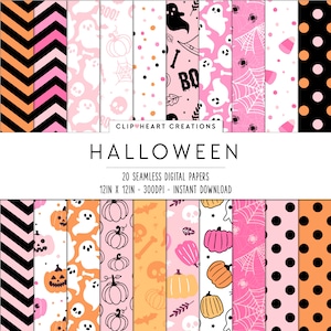 20 Cute Halloween Themed Digital Papers, Seamless Commercial Use Instant Download Halloween Themed Digital Paper,  Pink and Orange Halloween