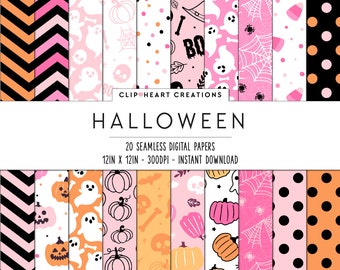 20 Cute Halloween Themed Digital Papers, Seamless Commercial Use Instant Download Halloween Themed Digital Paper,  Pink and Orange Halloween