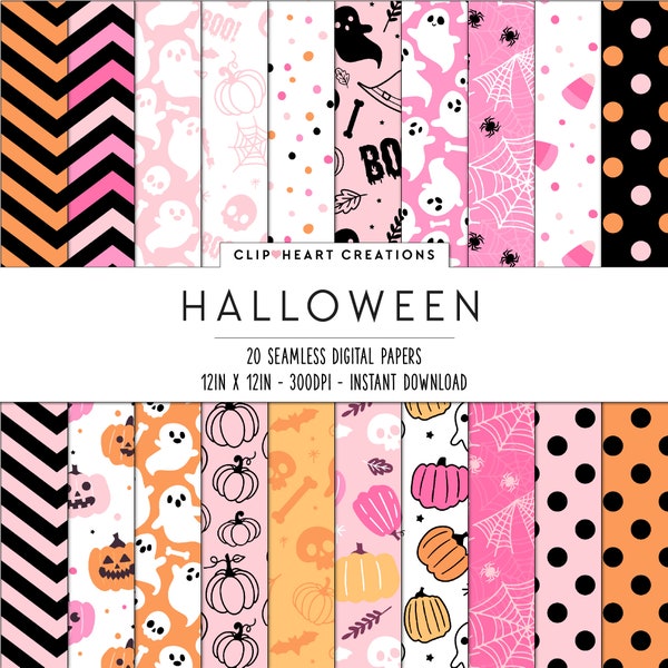 20 Cute Halloween Themed Digital Papers, Seamless Commercial Use Instant Download Halloween Themed Digital Paper,  Pink and Orange Halloween