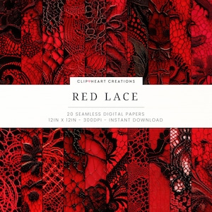 Red and Black Lace Digital Papers, Seamless Commercial Use Instant Download Valentines Day Lace Digital Paper, 20 Seamless Digital Papers