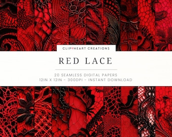 Red and Black Lace Digital Papers, Seamless Commercial Use Instant Download Valentines Day Lace Digital Paper, 20 Seamless Digital Papers