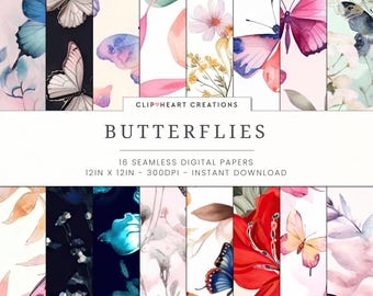 Butterflies Pattern Digital Papers, Seamless Commercial Use Instant Download Watercolor Butterfly and Flowers Digital Scrapbooking Papers