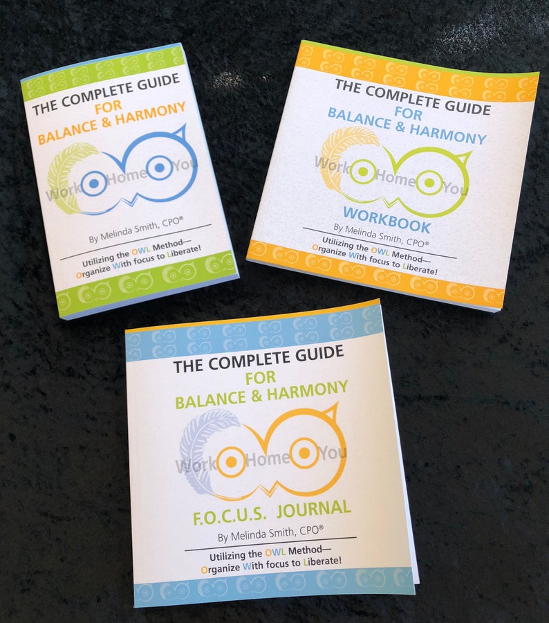 May include: Three colorful guide books with an owl logo and the text "Work Home You" on the cover. The books are titled "The Complete Guide for Balance & Harmony" and include a workbook and a journal.