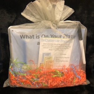 Op de afbeelding: Een doorzichtige plastic zak gevuld met oranje, blauw en groen gescheurd papier. De zak bevat een wit bord met de tekst "What is On Your Plate" en "DeClutter the Brain Kit" in zwarte tekst. De zak bevat ook een zwarte marker en een witte kaart met de tekst "What is On Your Plate Tool" in zwarte tekst.