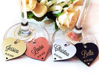 Custom wine glass charms,  table name tags, bridal shower party, place name cards, wedding anniversary favors, wedding sign place cards