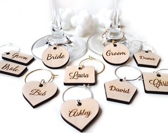 Wooden Wine Glass Charms, Personalized custom name gift tags, Wedding place cards, Laser engraving, Table name card, Wedding Favors