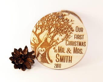 Personalized Our first Christmas ornament, Just married ornament, Wedding ornament, Newlywed ornament, Mr and Mrs ornament, Wood ornament