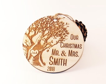 Our Christmas ornament, Just married ornament, Wedding ornament, Newlywed ornament, Mr and Mrs ornament, Wood ornament, Family ornament