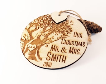 Our Christmas ornament, Just married ornament, Wedding ornament, Newlywed ornament, Mr and Mrs ornament, Wood ornament, Family ornament