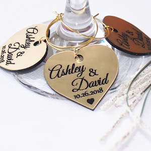 Personalized gold wedding wine glass charms favors, table name decoration