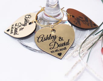 Personalized gold wedding wine glass charms favors, table name decoration