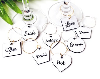 Custom wine glass charms, table name tags, bridal shower party, place name cards, wedding anniversary favors, wedding sign place cards