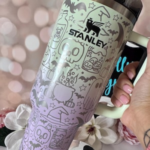Laser Engraved Halloween Stanley Tumbler: Hypnotic Green or Black Chroma 40oz Spooky Doodles