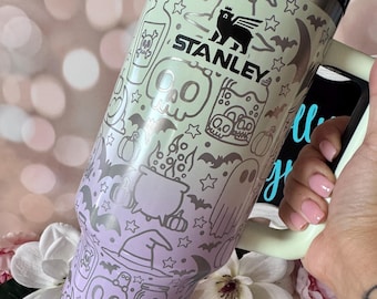 Laser Engraved Halloween Stanley Tumbler: Hypnotic Green or Black Chroma 40oz Spooky Doodles