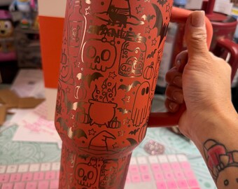 DISCOUNTED Laser Engraved Halloween Stanley Tumbler: Hypnotic Green or Pumpkin Spice 40oz Spooky Doodles