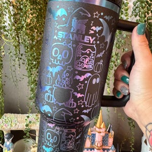 Black Chroma 40oz Stanley Laser Engraved with Cute and Spooky Halloween Doodles