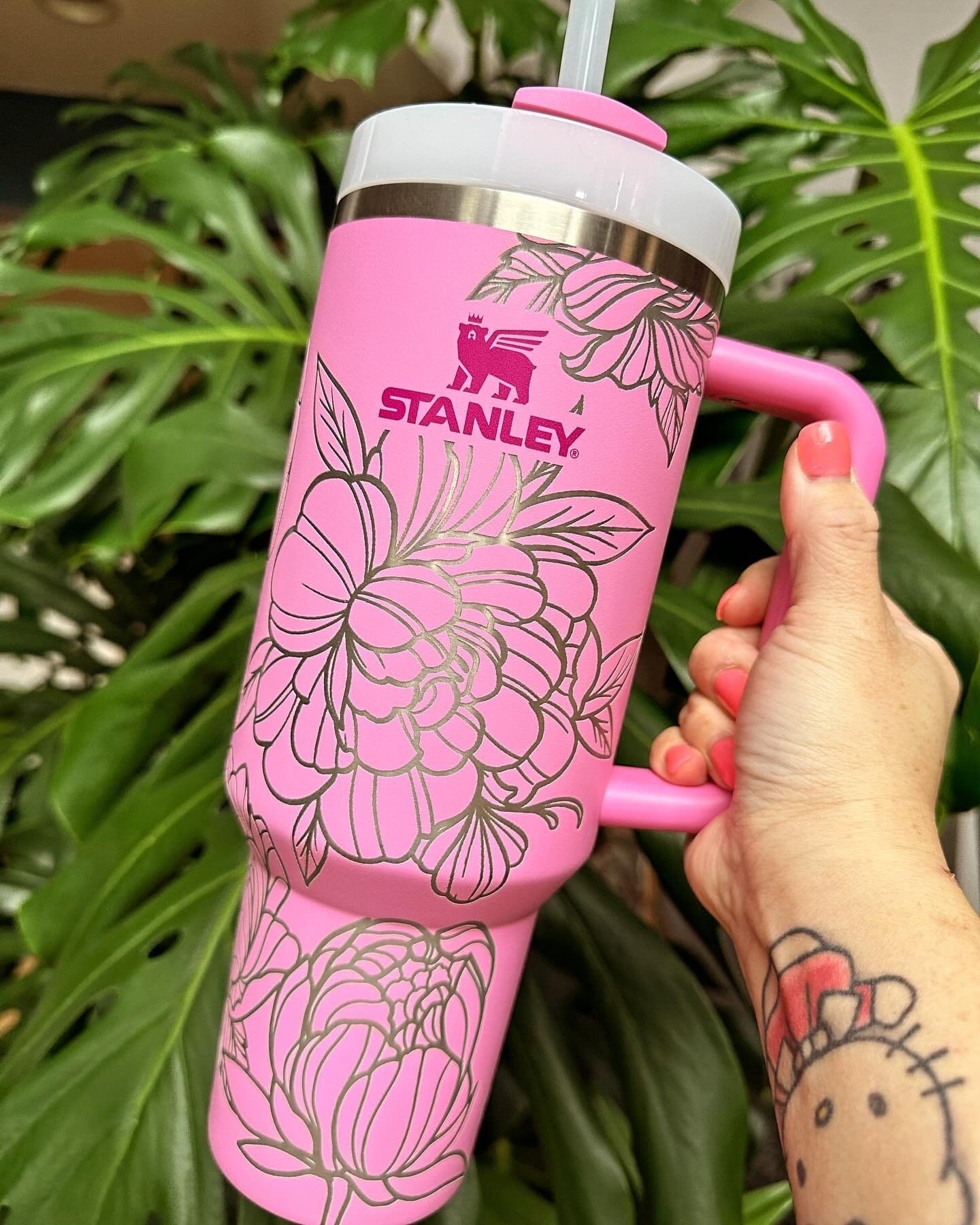 40oz Stanley Tumbler - Laser Engraved with Peonies in Peony or 