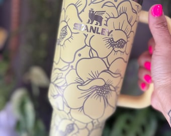 Authentic 40oz Stanley Laser Engraved with a Floral Magnolia Burst