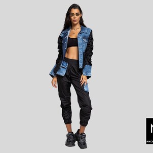 Denim Jacke und Hose Set, schwarz wasserdicht Stoff, Damen Activewear