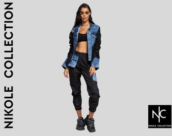 Conjunto de chaqueta y pantalón vaquero, tejido impermeable negro, ropa deportiva para mujer