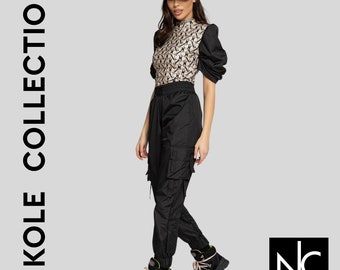 Women Tracksuit Two Piece Set, Black Pant with Pockets, Printed Blouse, Sportswear Women, Shiny Rustler Vintage Trousers, Trendy Blouse 8706