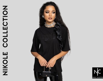 Women Black Tshirt, 100% Cotton T-shirt, Womens Clothing, Black Tee Shirt For Women, Text Angels, Loose Style, Party Outfit for Ladies 5561