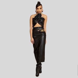 Women Black 2 Piece Set, Eco Leather Top and Long Skirt, Elegant Outfit, Women Clothing Set, Slim Skirt, Slit in the Back, Party dress 8693