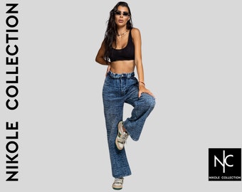 High Waisted Straight Leg Jeans, Elastic Waist, Laser Bleached Denim
