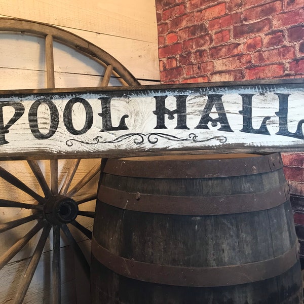 Wood Sign POOL HALL Hand Painted Vintage Inspired, Game Room Sign, Rustic Shop Sign, Saloon Sign