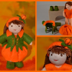 Pdf pattern - Waldorf inspired, 3 inch tall, dollhouse, dress-up doll with pumpkin costume