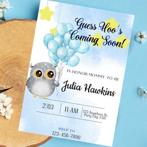 Guess Hoo&#39;s Coming Soon! Owl Baby Shower Digital Invitation Unisex