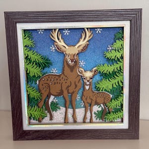 Deer & Fawn 3D Winter Scene Shadow Box,  Handmade Wall Art, Table Display,  Unique Gift, Nature Lover Gift