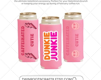 Valentine’s Day Slim Can Cooler - Pink Iced Coffee Sleeve - Caffeinated Cutie & Dun kie Junkie Koozie - Galentine’s Gift for Caffeine Lovers