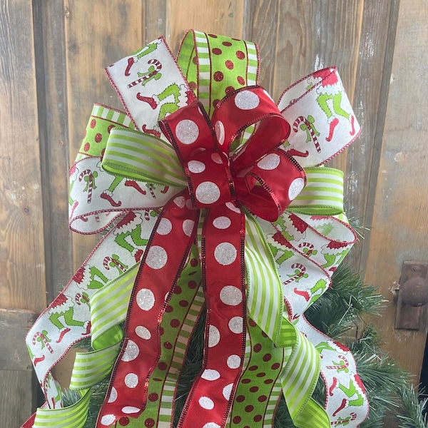 Tree topper Christmas lime and red, white holiday green monster bow, Unique Holiday Decor, Whimsical Tree Decoration