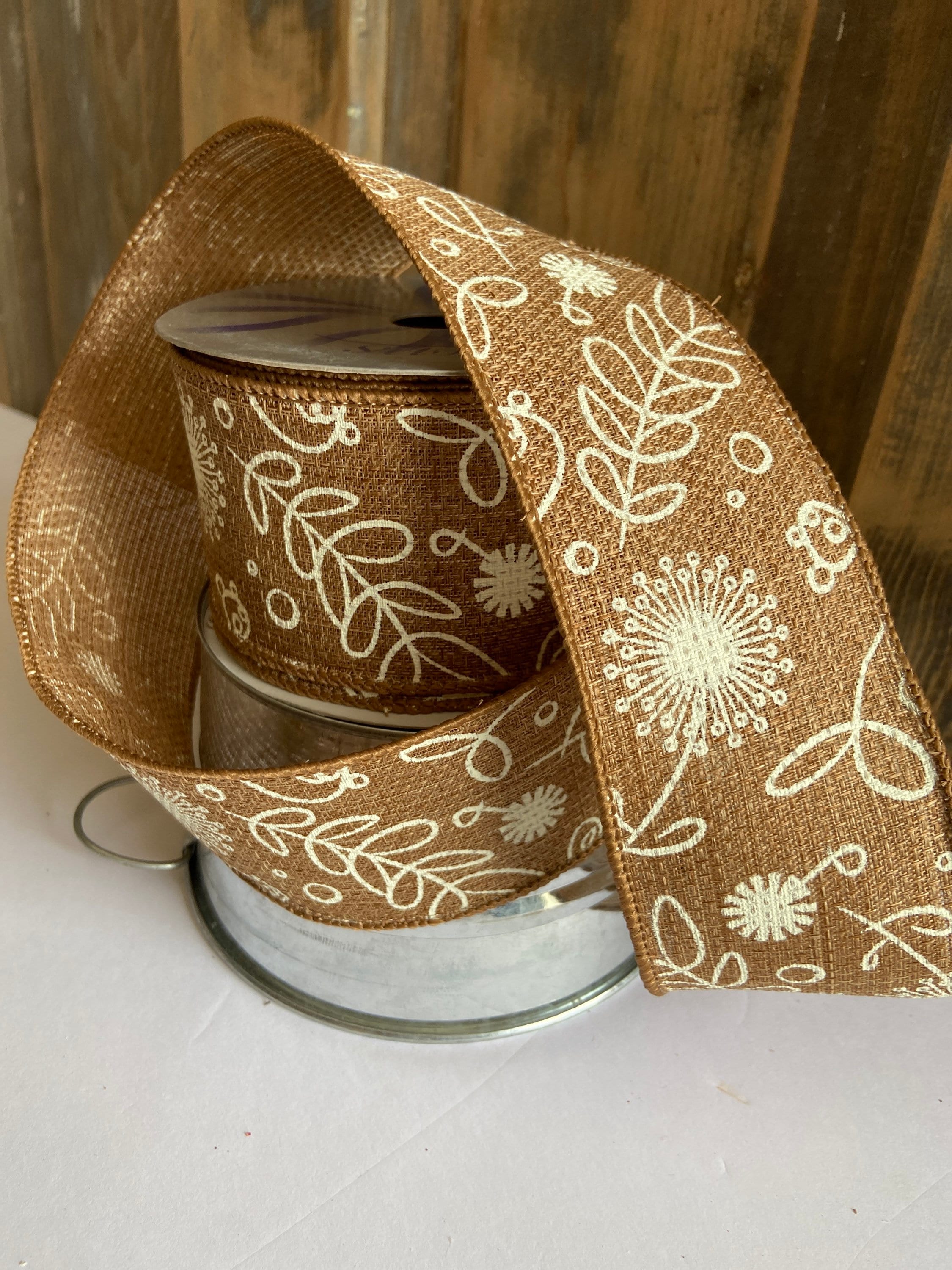Tan Striped Ribbon Tan/ Brown Hand Drawn Floral Ribbon, Holiday Ribbon 2.5 Wired - Etsy