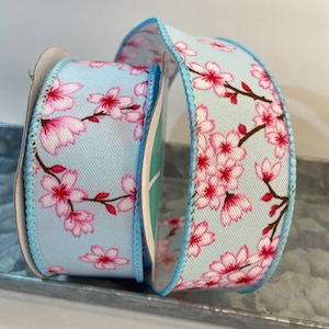Lovely light blue and pink cherry blossom ribbon, everyday ribbon, dyi, holiday ribbon  1.5 wired blue