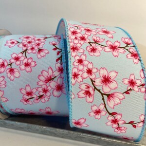 Lovely light blue and pink cherry blossom ribbon, everyday ribbon, dyi, holiday ribbon  2.5 wired