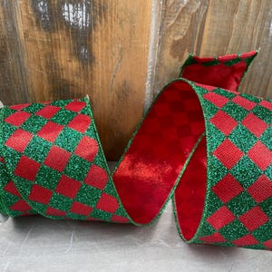 Christmas Glitter Check Ribbon – 2.5” Red and Green Sparkle Checkered Ribbon, Wired Edge Holiday Ribbon, Wreath & Bow Making, Tree Ribbon