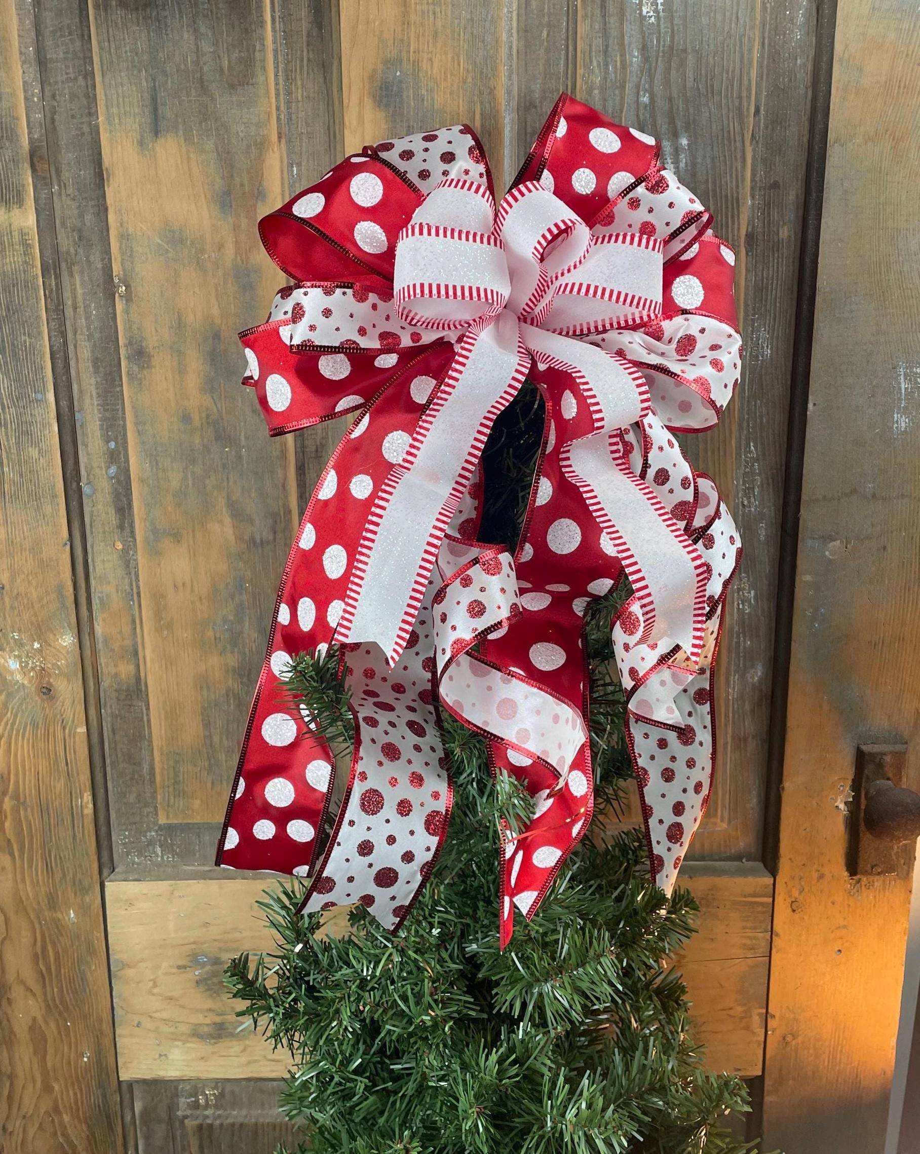 Red and White Polka Dot Christmas Tree Topper Bow – Candy Cane Holiday ...