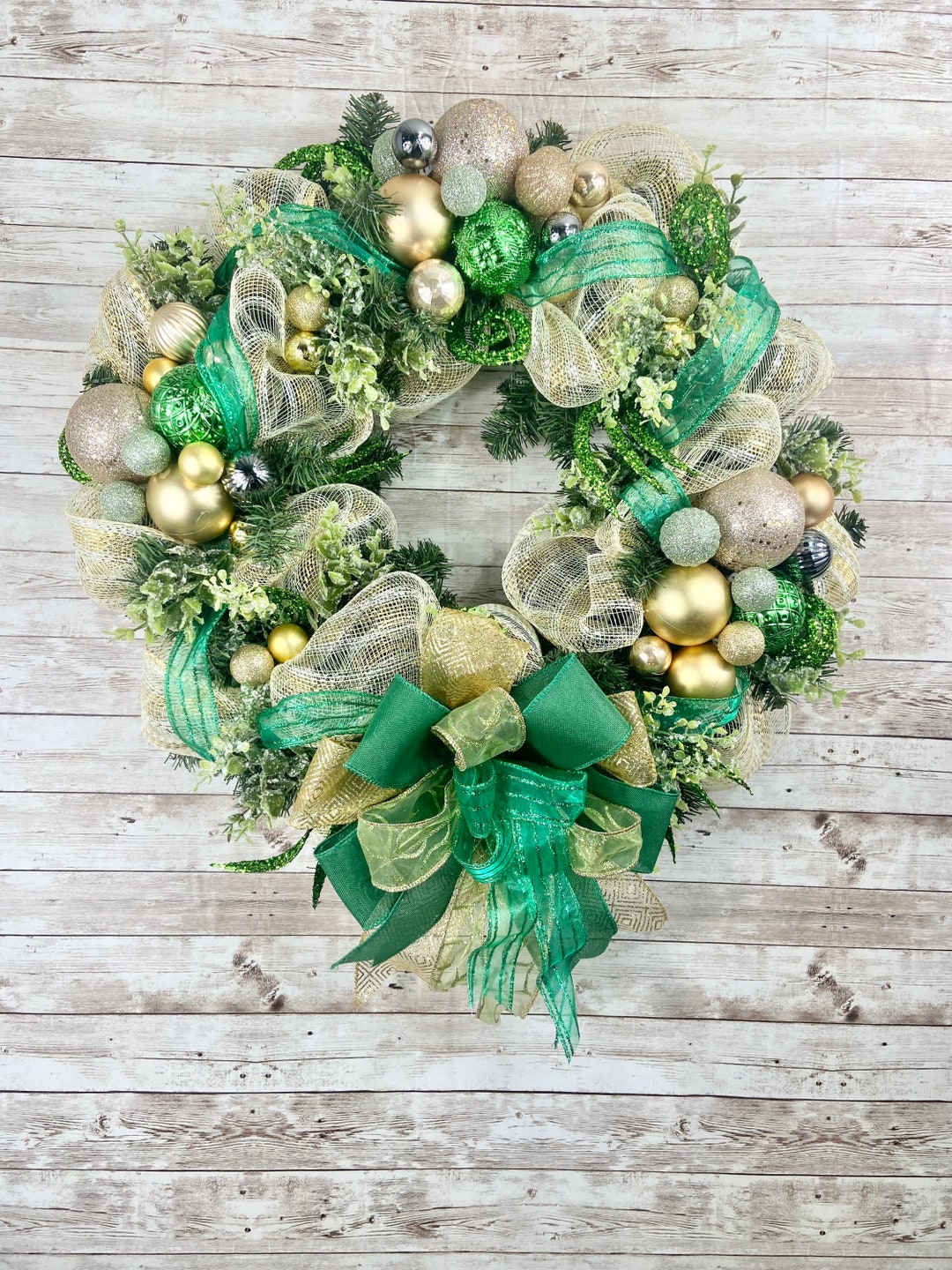 Emerald Green and Gold Ornament Holiday Wreath Christmas Etsy