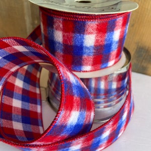 Red White Blue Flannel Check Ribbon, 4th of July Decor (2.5" x 10 Yards)