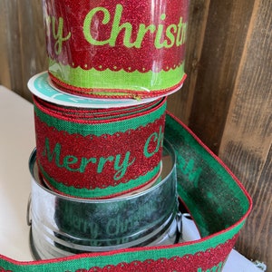 Merry Christmas Red and lime green, grey or Emerald green glitter holiday ribbon 2.5