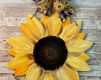 Painted sunflower door hanger, front door decor, summer flower, front porch sign, fall hand-painted yellow sunflower, housewarming gift
