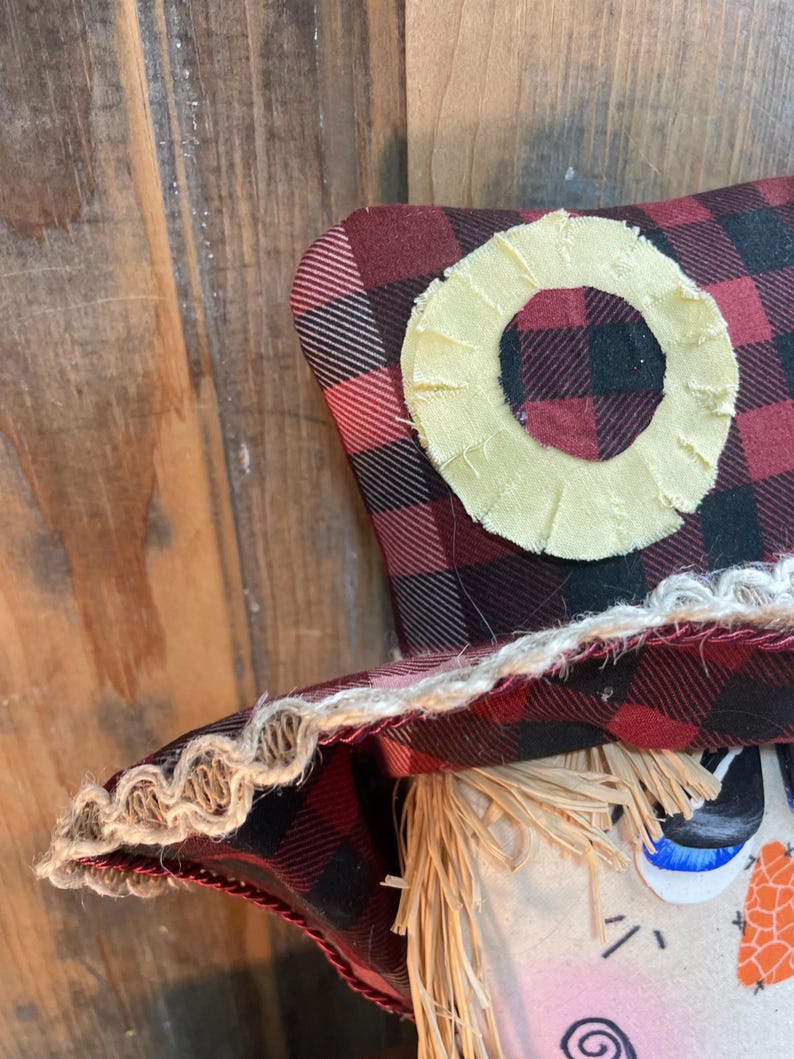 Plaid Scarecrow Decor | Rustic Fall Shelf Sitter | Farmhouse Autumn Decoration | Handmade Primitive Scarecrow image 7
