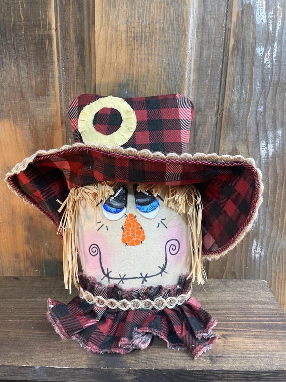 Plaid Scarecrow Decor | Rustic Fall Shelf Sitter | Farmhouse Autumn Decoration | Handmade Primitive Scarecrow