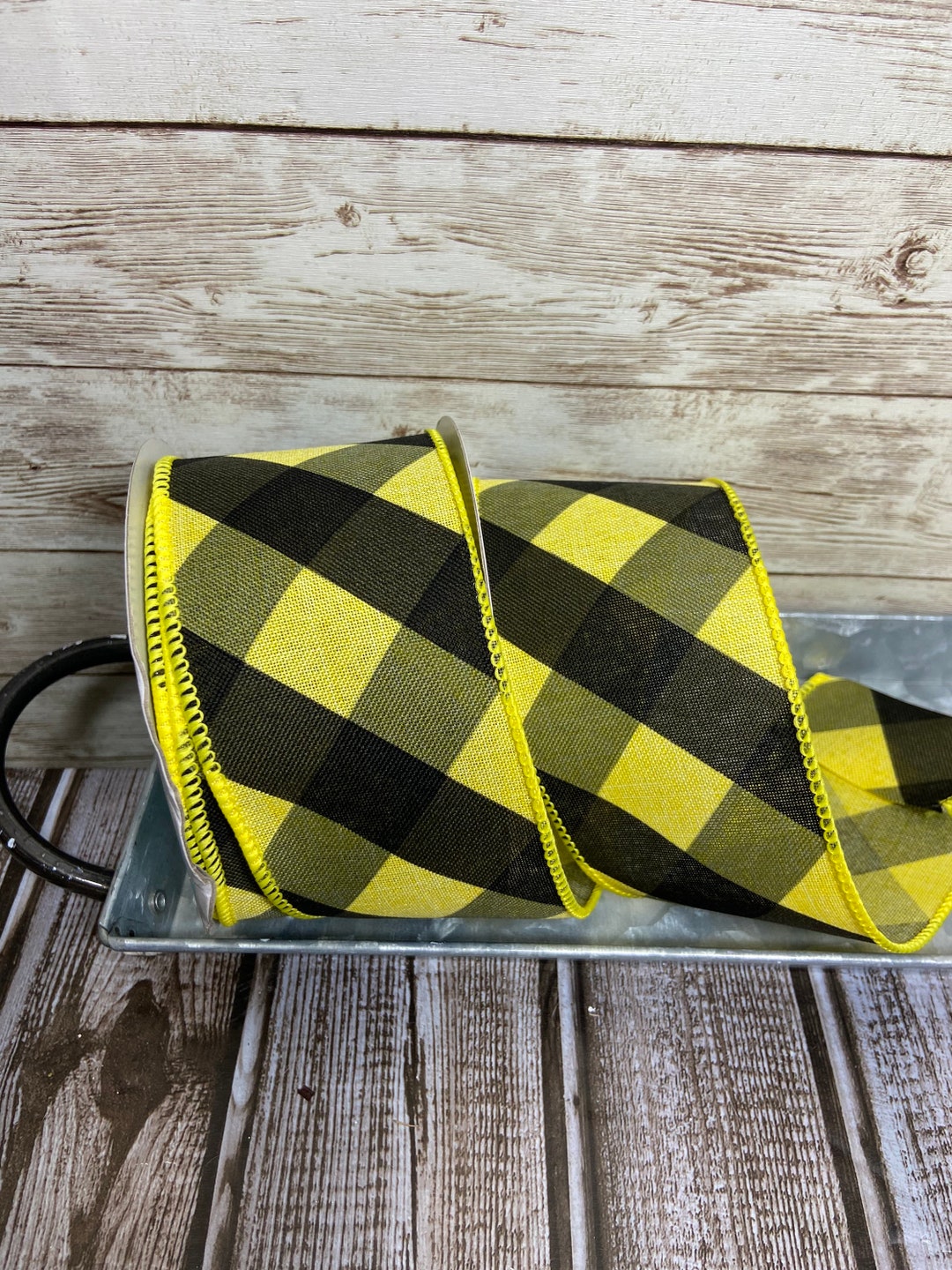 2.5 X 10 Yard Wired Yellow and Black Diagonal Check Pattern Ribbon Will ...