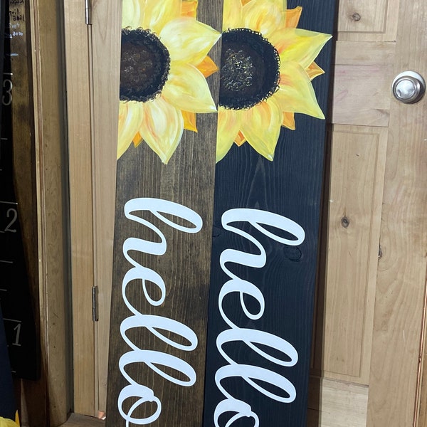 Hello, Sunflower Hand Painted Sign On Stained Board, Front Porch Leaner, Entryway Decor, Gift For Her, Summer into Fall Design, Just Because