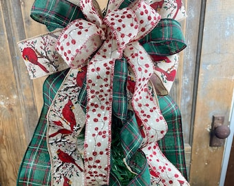 Cardinal Christmas Tree Topper Bow – Handmade Plaid Ribbon Decor